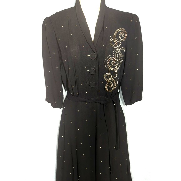 Rare Vtg 1930s Art Deco Black Nail Head Studded Dress S Whimsigoth Vamp Jive - Picture 2 of 16